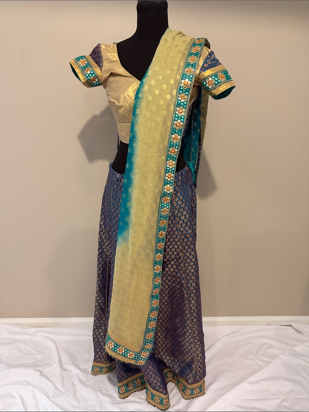 Traditional Indian Lehenga Choli in Teal, Gold and Navy